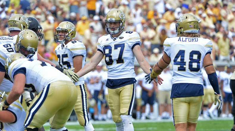 Georgia Tech Yellow Jackets place kicker Harrison Butker (87) celebrates after he scores an extra point in the second half at Bobby Dodd Stadium on Saturday, September 17, 2016. Georgia Tech Yellow Jackets won 38-7 over the Vanderbilt Commodores. HYOSUB SHIN / HSHIN@AJC.COM