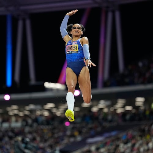 Jazmin Sawyers, of Britain, makes an attempt in the women's long jump final at the World Athletics Ultimate Championship in Budapest, Hungary, Friday, Sept. 11, 2026. (AP Photo/Matthias Schrader)