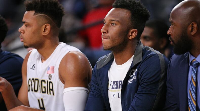 November 28, 2017 Atlanta: Injured Georgia Tech guard Josh Okogie watches from the bench during a 52-51 victory over Northwestern in a NCAA college basketball game on Tuesday, November 28, 2017, in Atlanta. Curtis Compton/ccompton@ajc.com