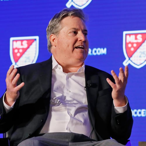 FILE - Los Angeles FC lead owner Larry Berg gestures during an interviewed at the Major League Soccer 25th Season kickoff event in New York, Feb. 26, 2020. (AP Photo/Richard Drew, File)