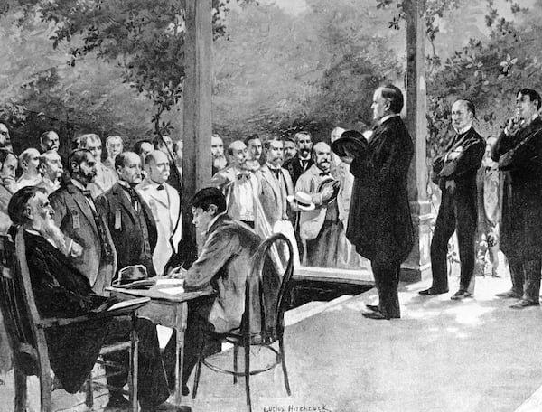 FILE - This drawing shows Major William McKinley, the presidential nominee for the Republican Party, making an elaborate front-porch campaign speech at his home in Canton, Ohio in 1896. (AP Photo/File)