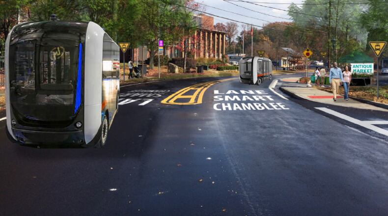 A rendering of self-driving shuttles on Peachtree Road in Chamblee.
