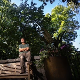 Scott McMahan, vice president of horticulture and collections, sits in front of a rare Chinese emmenopterys henryi tree at Atlanta Botanical Garden. (Arvin Temkar/AJC)
