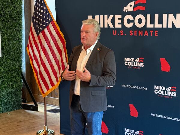 U.S. Rep. Mike Collins stumps in Acworth on Monday. (Greg Bluestein/AJC)