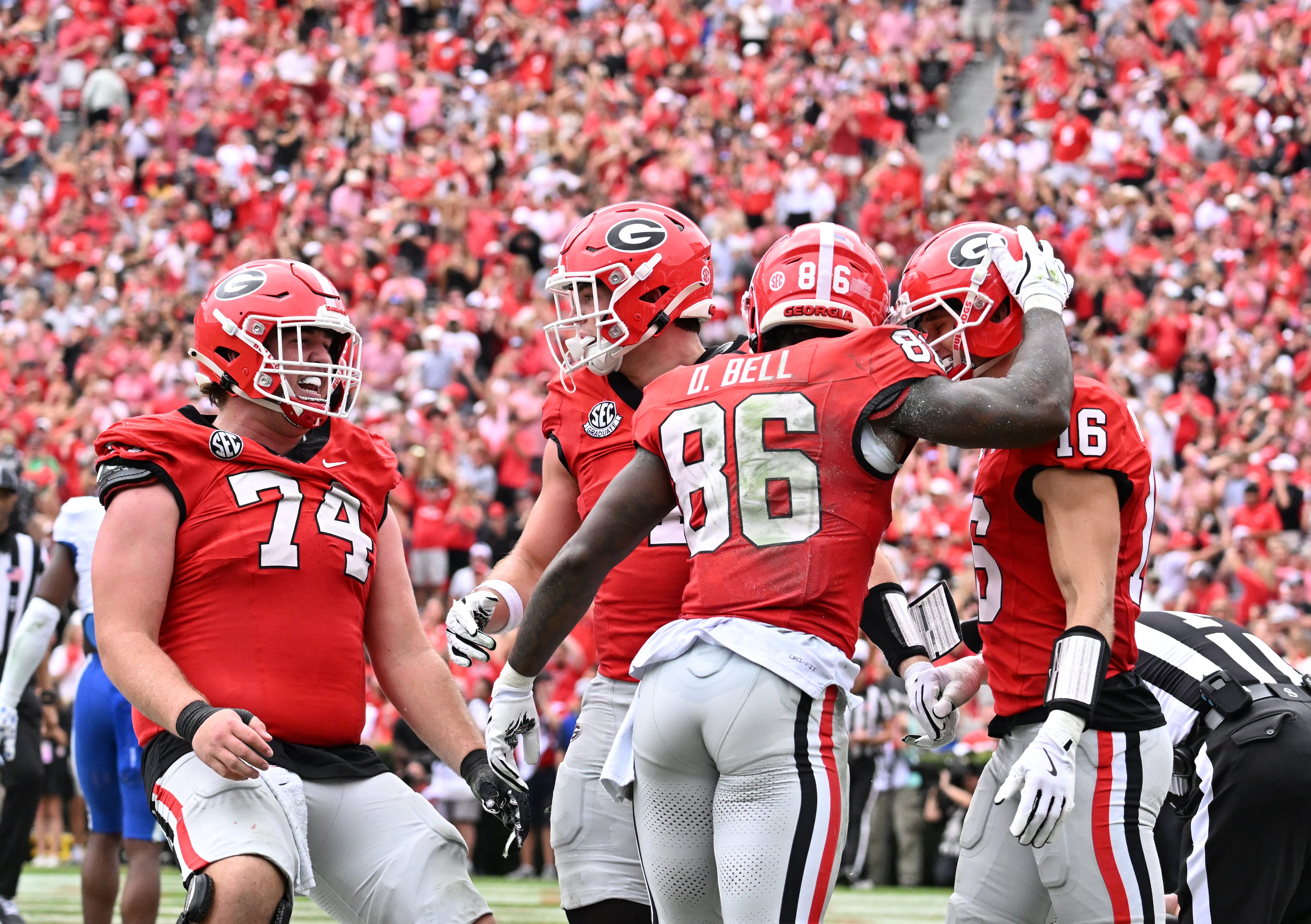 Georgia wide receiver Dillon Bell (86) celebrates after scoring a touchdown during the first half in a NCAA college football game at Sanford Stadium, Saturday, October 4, 2025, in Athens. (Hyosub Shin / AJC)
