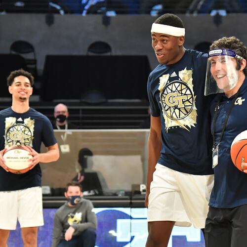 Georgia Tech's forward Moses Wright and Georgia Tech's head coach Josh Pastner smile before their game against Syracuse during a NCAA college basketball game at Georgia Tech's McCamish Pavilion in Atlanta on Saturday, February 27, 2021. (Hyosub Shin/AJC)