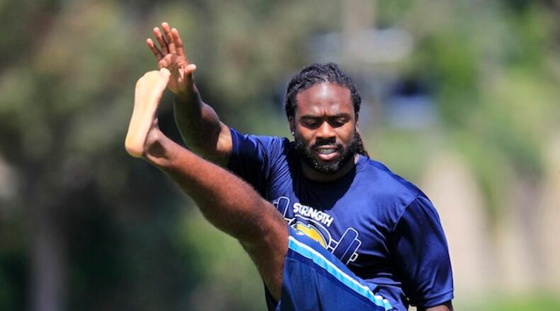 Jahleel Addae of the Los Angeles Chargers works out on the first day of off-season workouts on April 3, 2017, in San Diego. (K.C. Alfred/San Diego Union-Tribune/TNS)