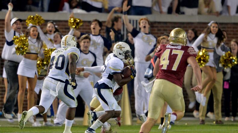 October 24, 2015 Atlanta: Georgia Tech Yellow Jackets defensive back Lance Austin returns a blocked field goal for a touchdown on the final play of the game to upset the Florida State Seminoles Saturday October 24, 2015. in Atlanta. BRANT SANDERLIN/BSANDERLIN@AJC.COM