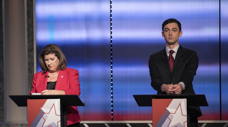 Candidates in Georgia’s 6th Congressional District race Republican Karen Handel, left, and Democrat Jon Ossoff prepare to debate Tuesday, June 6, 2017, in Atlanta. The two meet in a June 20 special election.(Branden Camp/Atlanta Journal-Constitution via AP)