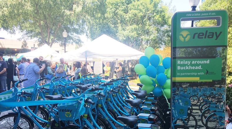 A recent ribbon-cutting ceremony at Tower Place Park unvieled three Relay bike sharing stations in Buckhead. CONTRIBUTED