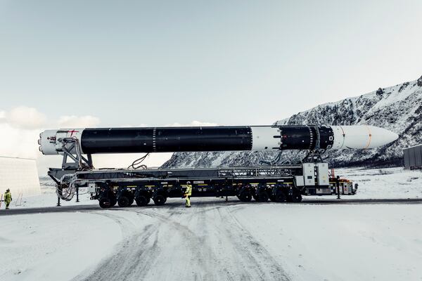 In a photo provided by Isar Aerospace, Photo Wingmen Media, Isar Aerospace Launch Vehicle "Spectrum" rolls out at Andoya Spaceport in Nordmela, on Andøya island, Norway, on March 1, 2025. (Isar Aerospace, Photo Wingmen Media via AP)