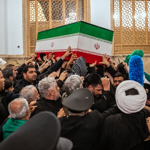 In this photo released by Iran's Supreme Leader's office, mourners carry the coffin of the late Iranian Supreme Leader Ayatollah Ali Khamenei above the crowd for the final prayer before his burial at the Imam Reza Shrine in Mashhad, northeastern Iran, Thursday, July 9, 2026. (Office of the Iranian Supreme Leader via AP)