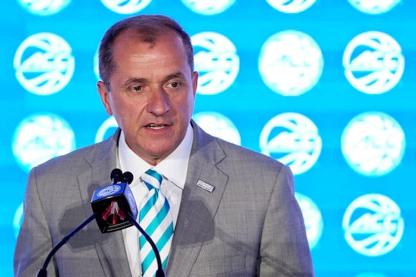 FILE - ACC Commissioner Jim Phillips speaks at an NCAA college basketball media day, Wednesday, Oct. 9, 2024, in Charlotte, N.C. (AP Photo/Chris Carlson, File)