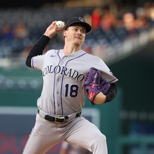 Colorado Rockies pitcher Ryan Feltner throws during the first inning of a baseball game against the Washington Nationals in Washington, Monday, Aug. 24, 2026. (AP Photo/Terrance Williams)