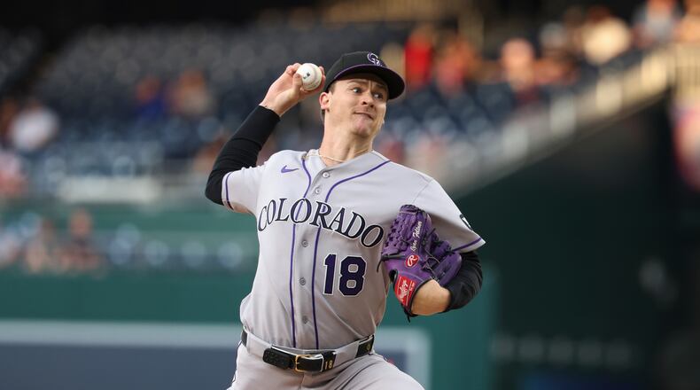 Colorado Rockies pitcher Ryan Feltner throws during the first inning of a baseball game against the Washington Nationals in Washington, Monday, Aug. 24, 2026. (AP Photo/Terrance Williams)