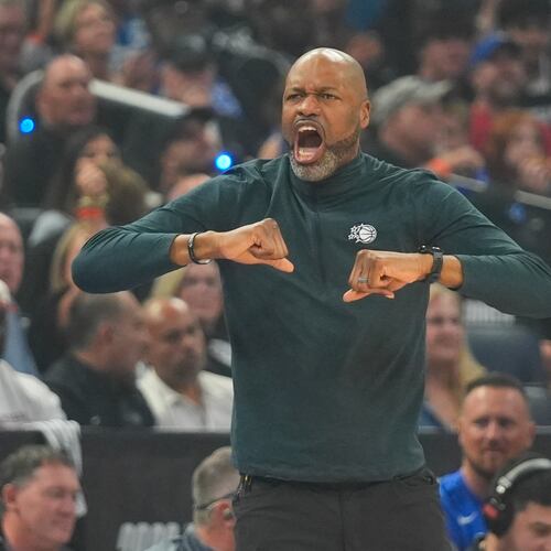 Orlando Magic head coach Jamahl Mosley directs his team against the Detroit Pistons during the first half in Game 6 of a first-round NBA basketball playoffs series, Friday, May 1, 2026, in Orlando, Fla. (AP Photo/John Raoux)