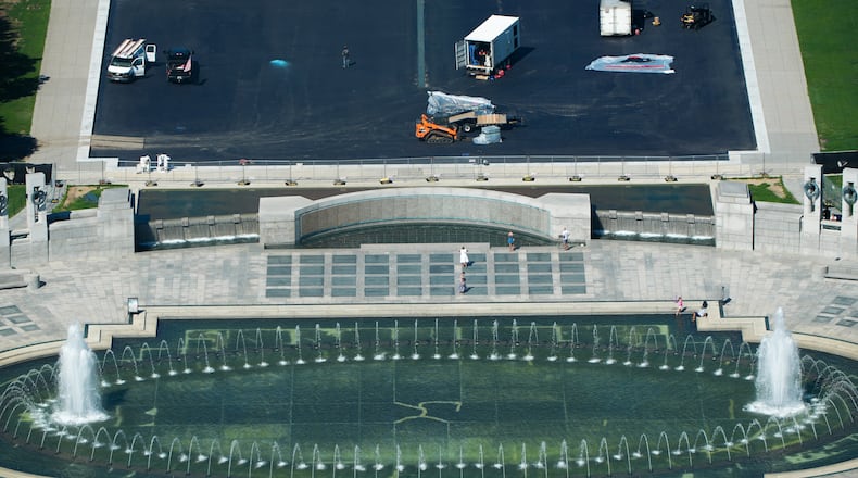 The World War II Memorial and the Lincoln Memorial Reflecting Pool are seen from the Washington Monument, Wednesday, Aug. 19, 2026, in Washington. (AP Photo/Alex Brandon)