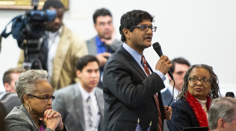 North Carolina state Sen. Jay Chaudhuri, a Democrat, speaks on the Senate floor during a special session of the North Carolina General Assembly called to consider repeal of a 9-month-old law that limited LGBT rights, including which bathrooms transgender people can use in public schools and government buildings. The effort to repeal the measure fell apart. (AP Photo/Ben McKeown)