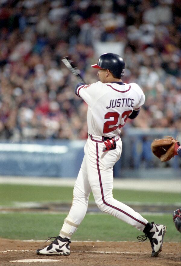 OCTOBER 28, 1995 ATLANTA Braves' David Justice home run in the 6th inning, World Series Game Six, 1995 MARLENE KARAS/AJC STAFF