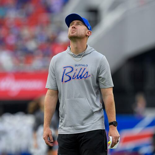 Buffalo Bills head coach Joe Brady looks around the stadium during practice at the team's NFL football training camp Saturday, Aug. 8, 2026, in Orchard Park, N.Y. (AP Photo/Adrian Kraus)