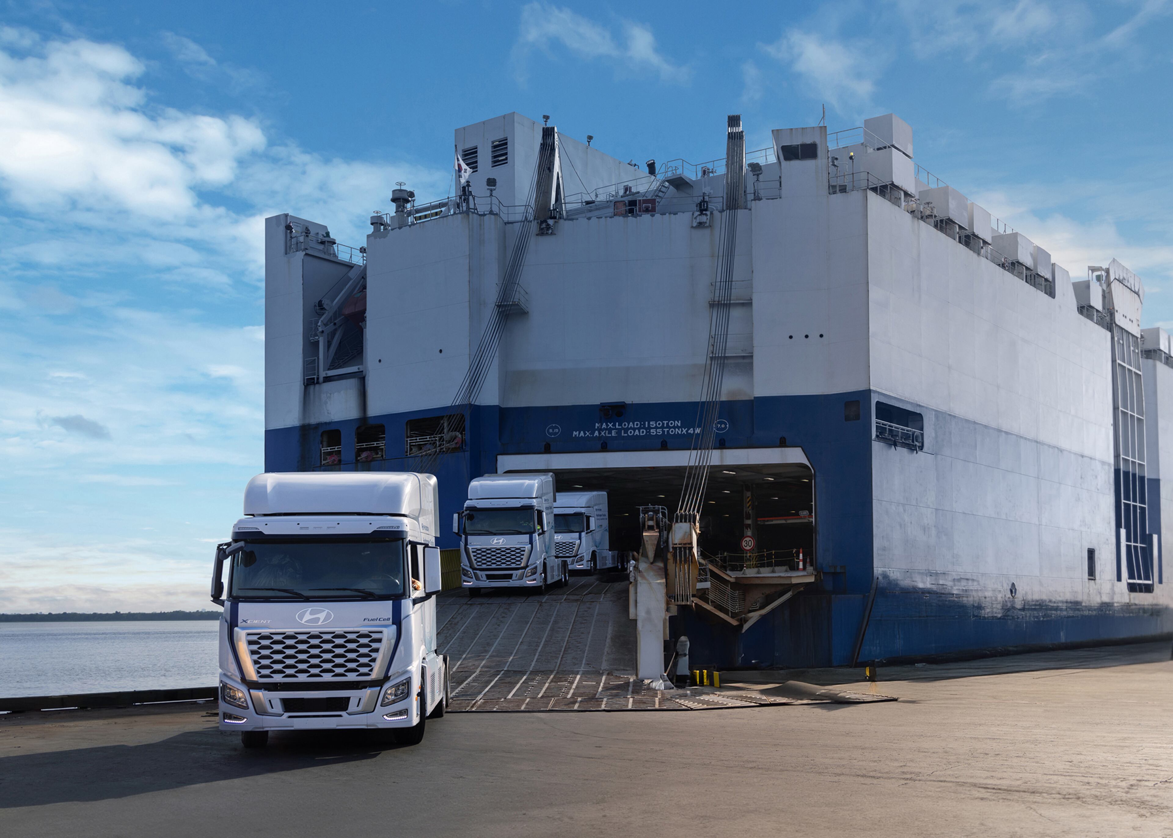 Hyundai plans to expand its hydrogen-powered semitruck investments in North America. Called XCIENT, the big rigs have spent months ferrying supplies between Georgia’s ports and rapidly expanding Metaplant site. (Courtesy of Hyundai Motor Group)