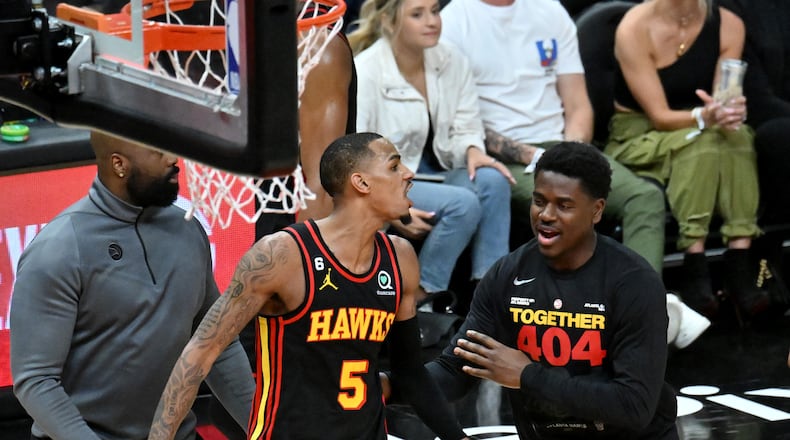 Hawks' guard Dejounte Murray can’t hide his frustration after the Celtics beat won Game 4 of the first round of the Eastern Conference playoffs at State Farm Arena, Sunday, April 23, 2023, in Atlanta. (Hyosub Shin / Hyosub.Shin@ajc.com)