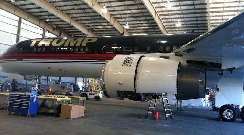 Donald Trump's Boeing 757 inside a hangar while being serviced at Stambaugh Aviation in Brunswick, Georgia.