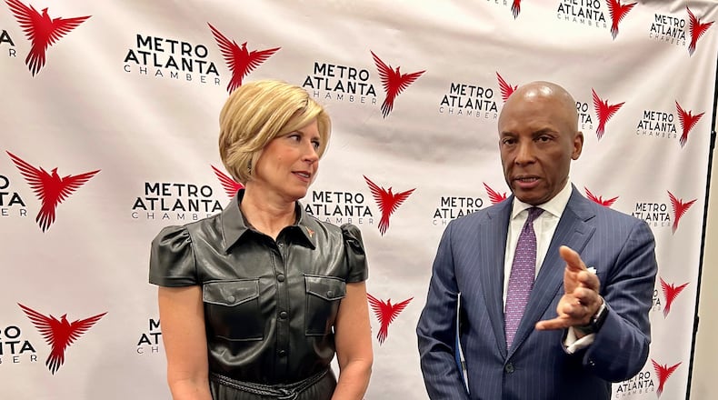Metro Atlanta Chamber CEO Katie Kirkpatrick (left) and Southern Company CEO Chris Womack, who is also the chamber’s chair for 2024