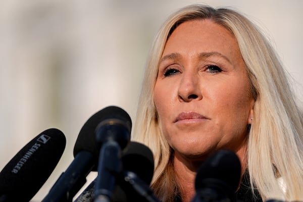 Former U.S. Rep. Marjorie Taylor Greene speaks during a news conference on the Epstein Files Transparency Act last fall outside the U.S. Capitol. (Julia Demaree Nikhinson/AP 2025)
