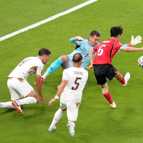 South Korea's Hwang In-beom, right, shoots and scores a goal against Czechia goalkeeper Matej Kovar during the World Cup Group A soccer match between South Korea and Czechia in Zapopan, near Guadalajara, Mexico, Thursday, June 11, 2026. (AP Photo/Moises Castillo)