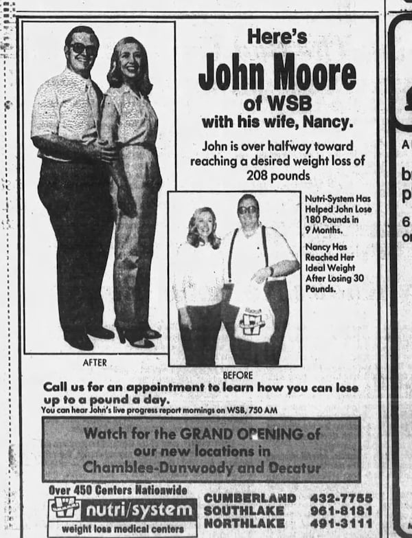 in 1981, Nutri-System chronicled WSB radio host John Moore's weight-loss journey with ads in both the Atlanta Journal and Atlanta Constitution. His wife, Nancy, took part, as well. (File/AJC)