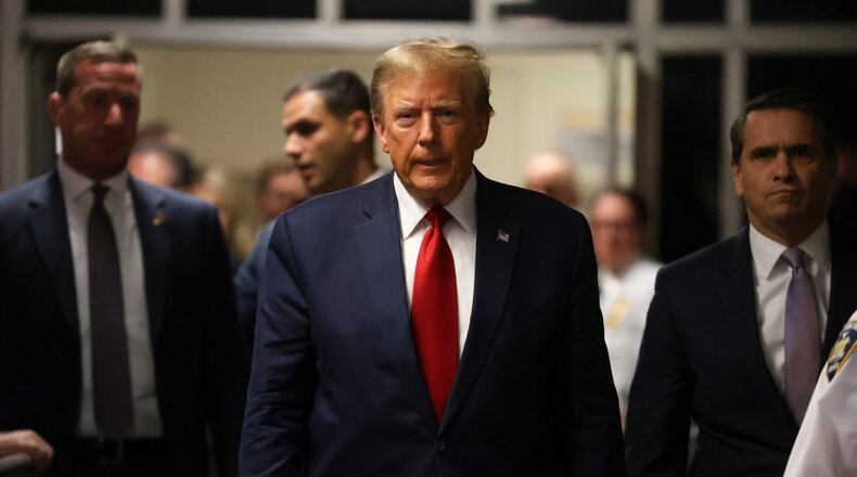 Former President Donald Trump outside the courtroom in State Supreme Court in Manhattan, on Feb. 15. On Monday Trump will go on trial in Manhattan as the first former U.S. president to be criminally prosecuted. The trial, which will begin with jury selection and last up to two months, will oscillate between salacious testimony about sex scandals and granular detail about corporate documents. (Jefferson Siegel/The New York Times)