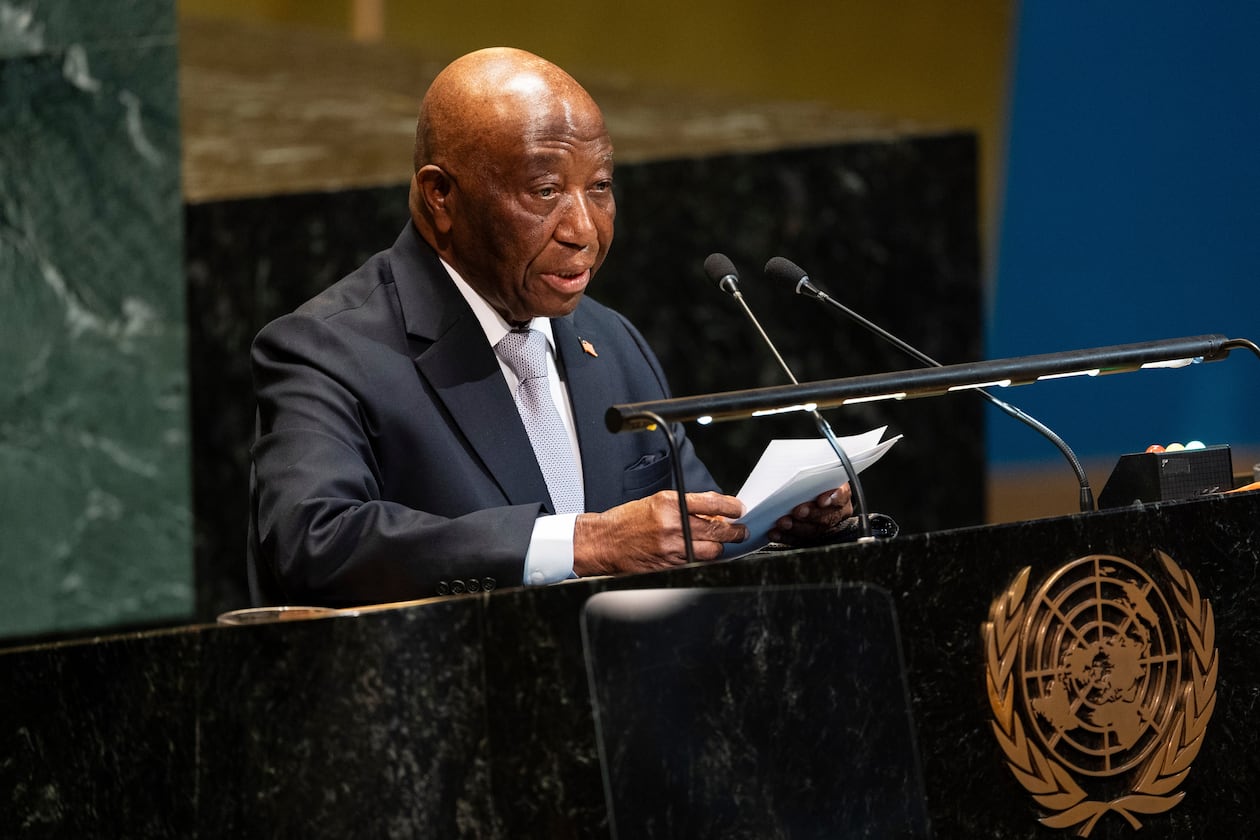 FILE -Liberia's President Joseph Boakai addresses the 80th session of the UN General Assembly at United Nations headquarters, Sept. 22, 2025. (AP Photo/Angelina Katsanis, File)