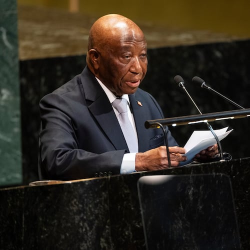 FILE -Liberia's President Joseph Boakai addresses the 80th session of the UN General Assembly at United Nations headquarters, Sept. 22, 2025. (AP Photo/Angelina Katsanis, File)