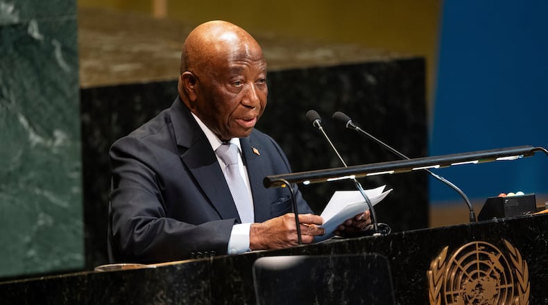FILE -Liberia's President Joseph Boakai addresses the 80th session of the UN General Assembly at United Nations headquarters, Sept. 22, 2025. (AP Photo/Angelina Katsanis, File)
