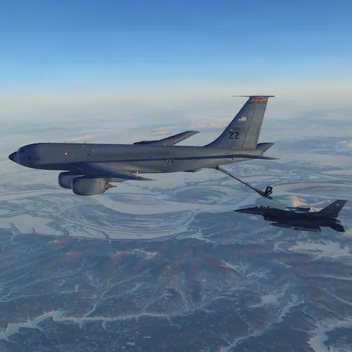 This photo provided by the U.S. Department of Defense shows a North American Aerospace Defense Command F-16 fighter refueling from a KC-135 Stratotanker over western Alaska on Thursday, Feb. 19, 2026. (U.S. Department of Defense via AP)