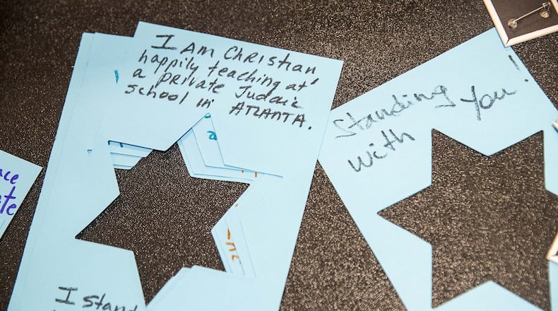 Supportive messages for the Jewish community are collected during an event at Byers Theatre in Sandy Springs, Monday, January 6, 2020. The stars were provided by the Davis Academy Student Jewish Leadership group. This event was held to bring the community together in response to the recent hate attacks in New York and New Jersey. The ADL, American Jewish Committee, Atlanta Rabbinical Association, Jewish Community Relations Council and the Jewish Federation of Greater Atlanta helped to bring the event together. (ALYSSA POINTER/ALYSSA.POINTER@AJC.COM)