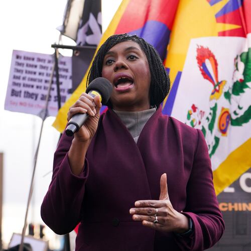 Britain's opposition leader Kemi Badenoch speaks during a protest against the proposed Chinese embassy, in London, Saturday, Jan. 17, 2026. (AP Photo/Alberto Pezzali)