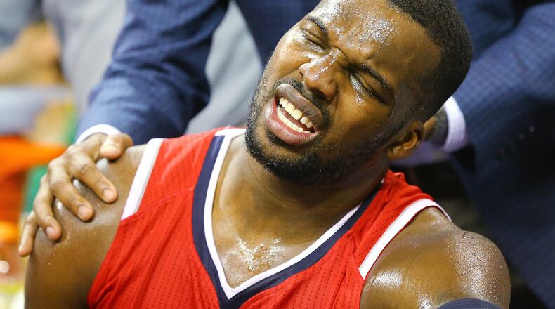 Hawks’ Shelvin Mack comes out of the game in the final minutes getting banged up in a 118-88 loss to the Cavaliers for the sweep in Game 4 of the Eastern Conference Finals on Tuesday, May 26, 2015, in Cleveland. Curtis Compton / ccompton@ajc.com