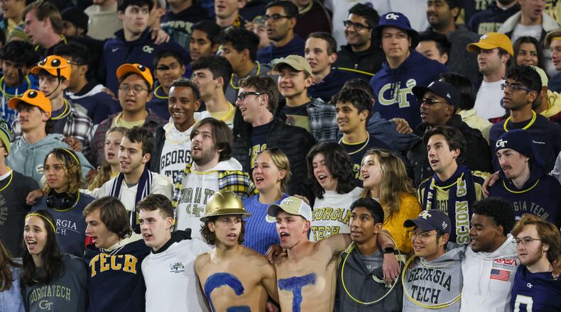 Georgia Tech fans sing in the first half of the Georgia Tech versus Virginia NCAA college football game at Bobby Dodd stadium on Thursday, October 20, 2022. (Arvin Temkar / arvin.temkar@ajc.com)