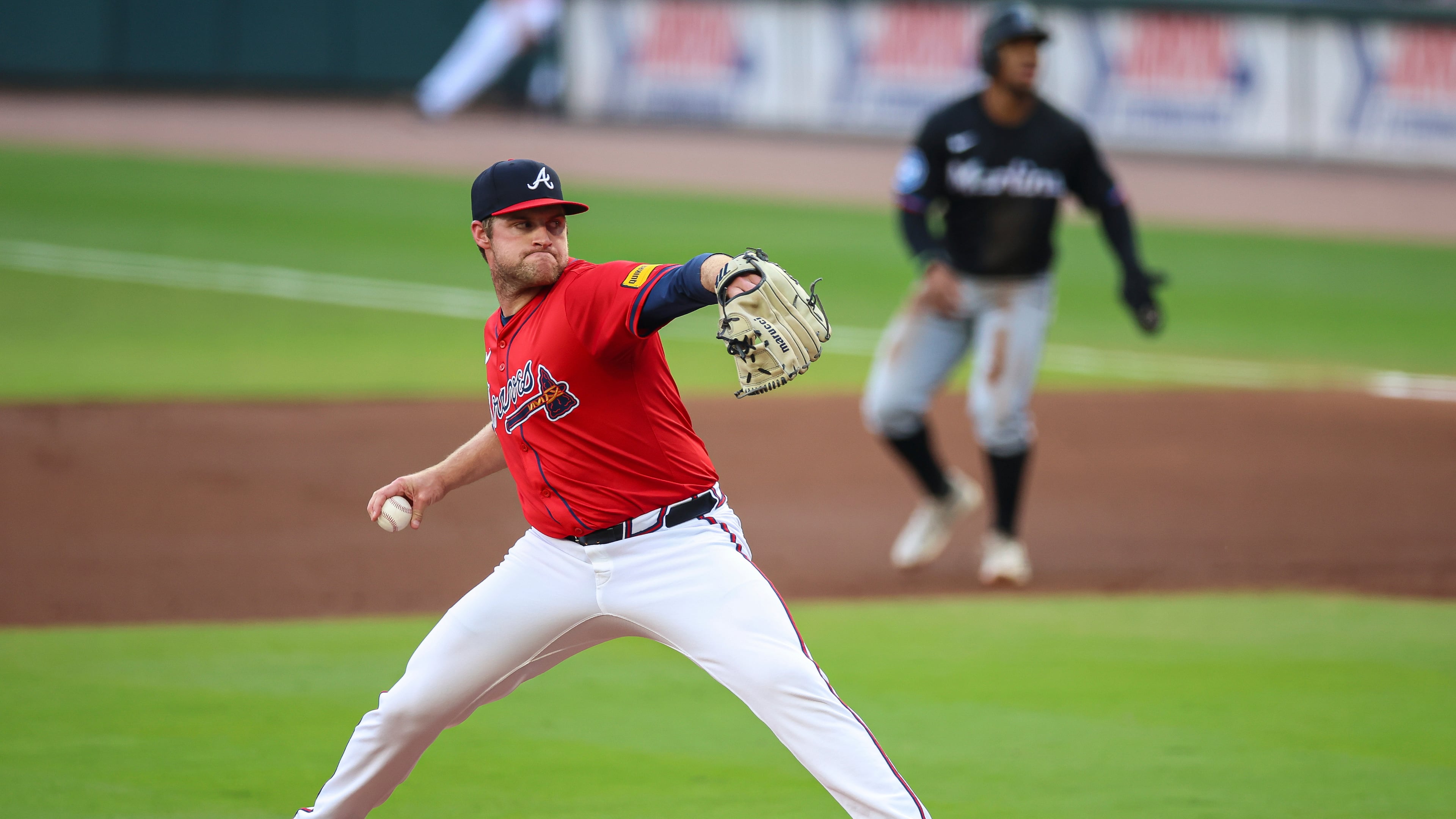 Atlanta Braves pitcher Bryce Elder delivers in the first inning of a baseball game against the Miami Marlins, Friday, Aug. 8, 2025, in Atlanta. (Colin Hubbard/AP)