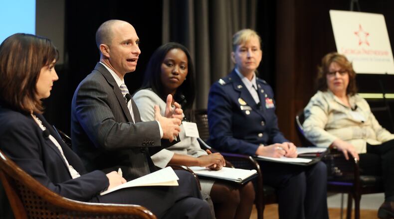 From left, Dana Rickman, Michael Petrilli, Jemelleh Coes, Col. Patricia Mauldin Ross and Robyn Oatley during the Georgia Partnership For Excellence In Education’s Critical Issue Forum in 2013. The Partnership will present its list of the state’s top ten education issues for the coming year today. PHIL SKINNER / PSKINNER@AJC.COM