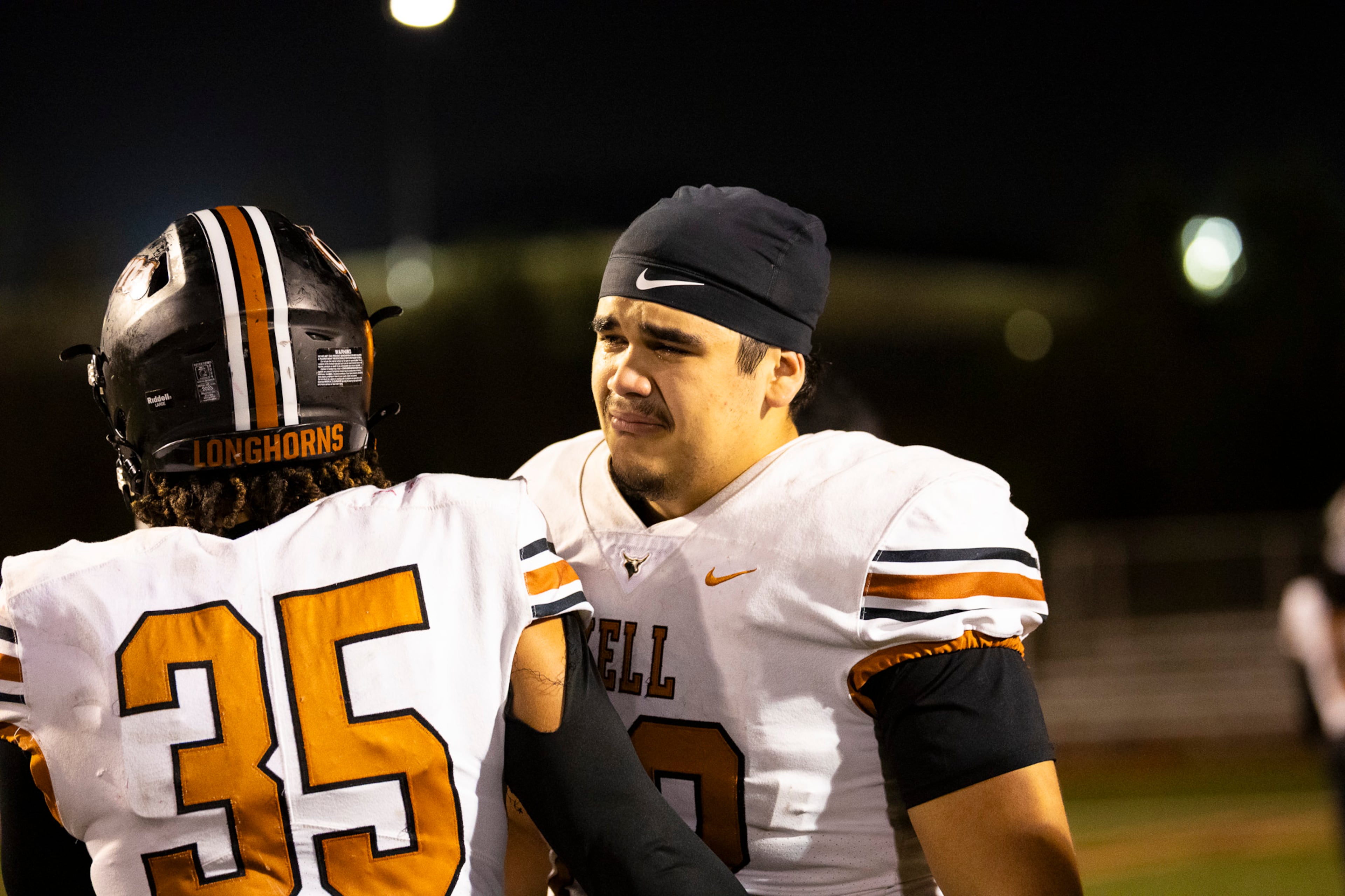 Kell offensive linesman David Ornelas reacts after a loss in the class 4A semifinal against Creekside at Creekside High School in Fairburn, GA on Friday, December 5, 2025. (Oscar Guevara Saenz for the AJC)