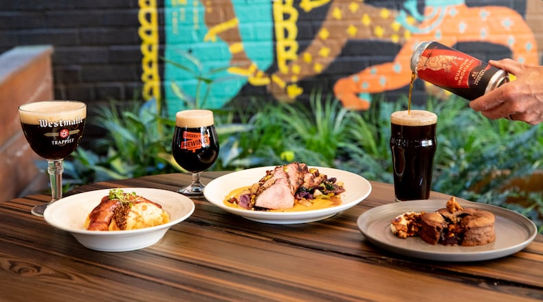Fall is the perfect time to match dishes with beers with darker, more robust styles. Shown here are Sausage and Root Vegetable Mash with Westmalle Trappist Ale from Brick Store Pub; Grilled Pork Loin and Coconut Porter from Cherry Street Brewing from Leon's Full Service; and Chocolate Lava Cake with Quantum Immortality porter from Good Word Brewing. Mia Yakel for The Atlanta Journal-Constitution