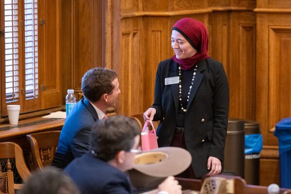 State Rep. Ruwa Romman (right), D-Duluth, tried to hand a gift bag containing bunny ears to Sen. Greg Dolezal, R-Cumming, at the Capitol in Atlanta on Wednesday. (Arvin Temkar/AJC)