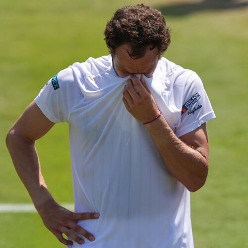 Roman Safiullin of Russia reacts winning the third round men's singles match against Joao Fonseca of Brazil at the Wimbledon Tennis Championships in London, Friday, July 3, 2026.(AP Photo/Maja Smiejkowska)