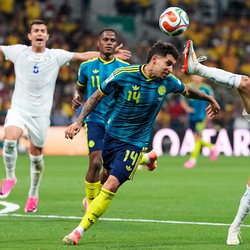 Uzbekistan's Abbosbek Fayzullaev (right) and Colombia's Gustavo Puerta compete for the ball during the World Cup Group K soccer match between Uzbekistan and Colombia in Mexico City, Wednesday, June 17, 2026. (Natacha Pisarenko/AP)