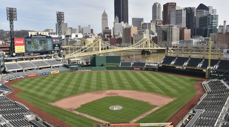 A double-wide checkerboard pattern is mowed in the outfield of PNC Park in Pittsburgh. (Matt Freed/Pittsburgh Post-Gazette/TNS)