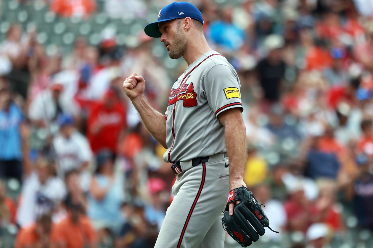 Braves reliever Tyler Kinley celebrates after a win against the Orioles on Sunday, July 26, 2026, in Baltimore. (Daniel Kucin Jr./AP)