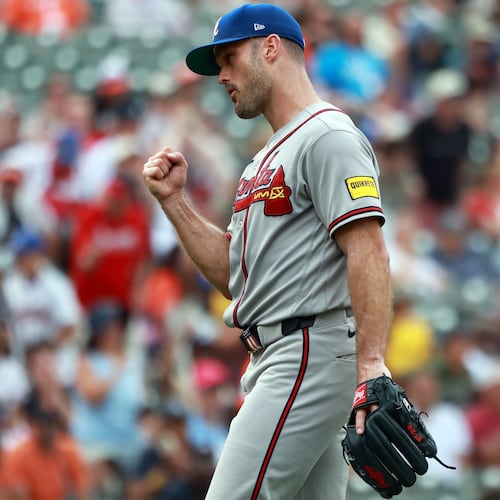 Atlanta Braves pitcher Tyler Kinley celebrates after a baseball game against the Baltimore Orioles, Sunday, July 26, 2026, in Baltimore. (AP Photo/Daniel Kucin Jr.)